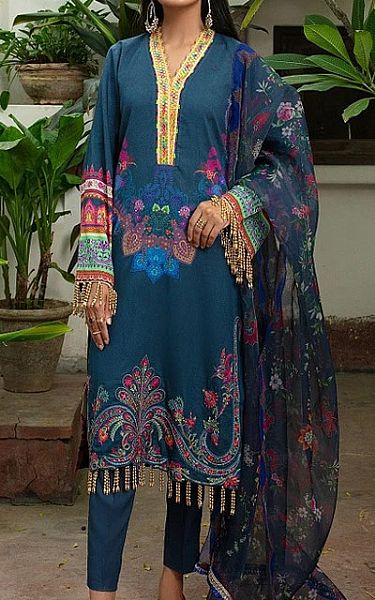 Rajbari Denim Blue Linen Suit | Pakistani Dresses in USA- Image 1