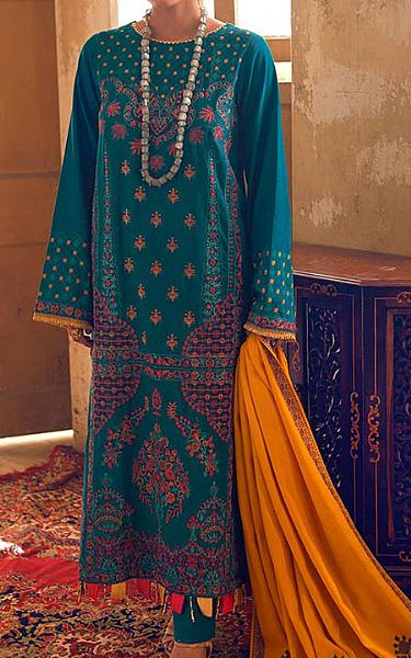 Rajbari Teal/Mustard Khaddar Suit | Pakistani Dresses in USA- Image 1