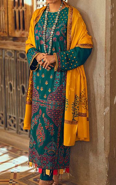 Rajbari Teal/Mustard Khaddar Suit | Pakistani Dresses in USA- Image 2