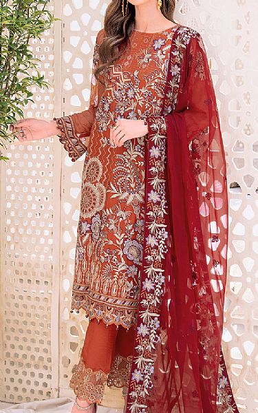 Ramsha Safety Orange Chiffon Suit | Pakistani Embroidered Chiffon Dresses- Image 1