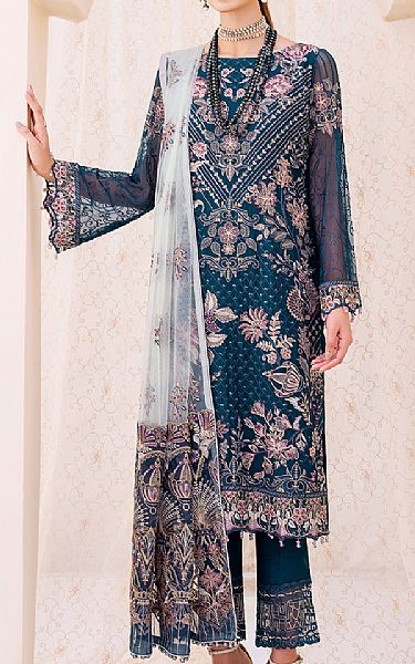 Ramsha Teal Blue Chiffon Suit | Pakistani Embroidered Chiffon Dresses- Image 1