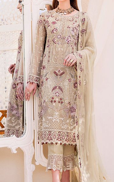 Ramsha Beige Chiffon Suit | Pakistani Embroidered Chiffon Dresses- Image 1