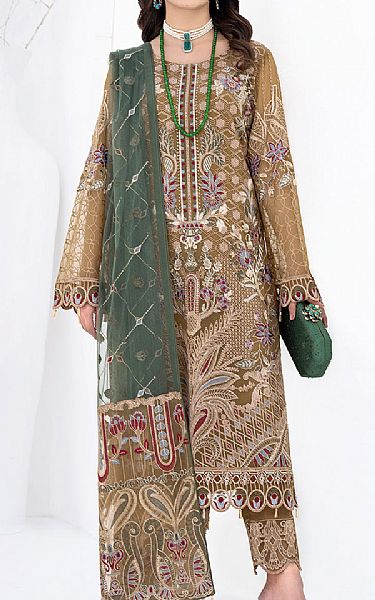 Ramsha Peanut Brown Chiffon Suit | Pakistani Embroidered Chiffon Dresses- Image 1