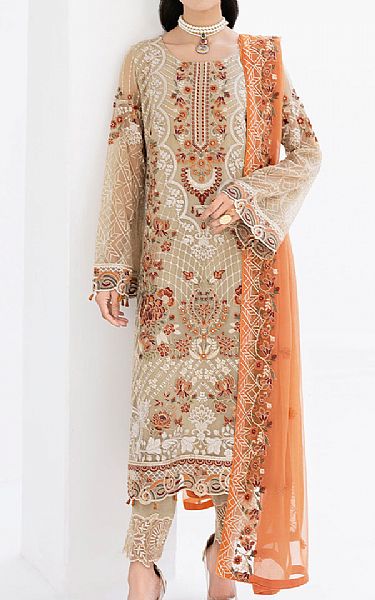 Ramsha Tan Chiffon Suit | Pakistani Embroidered Chiffon Dresses- Image 1