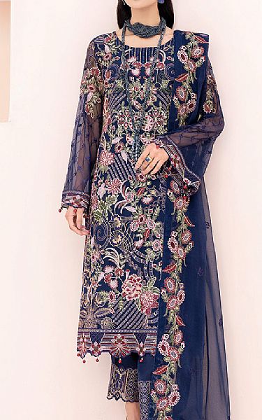 Ramsha Midnight Blue Chiffon Suit | Pakistani Embroidered Chiffon Dresses- Image 1
