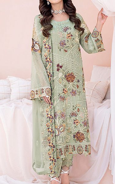 Ramsha Pistachio Green Chiffon Suit | Pakistani Embroidered Chiffon Dresses- Image 1