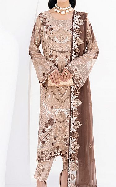 Ramsha Beige Chiffon Suit | Pakistani Embroidered Chiffon Dresses- Image 1