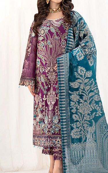 Ramsha Egg Plant Chiffon Suit | Pakistani Embroidered Chiffon Dresses- Image 1