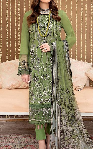 Ramsha Asparagus Green Lawn Suit | Pakistani Dresses in USA- Image 1