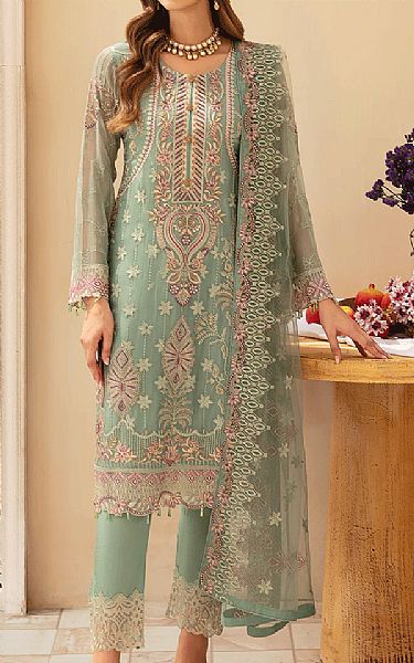 Ramsha Greenish Grey Chiffon Suit | Pakistani Embroidered Chiffon Dresses USA- Image 1