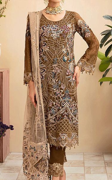 Ramsha Otter Brown Chiffon Suit | Pakistani Embroidered Chiffon Dresses USA- Image 1