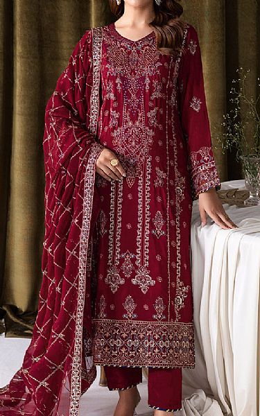 Ramsha Wine Red Raw Silk Suit | Pakistani Embroidered Chiffon Dresses USA- Image 1
