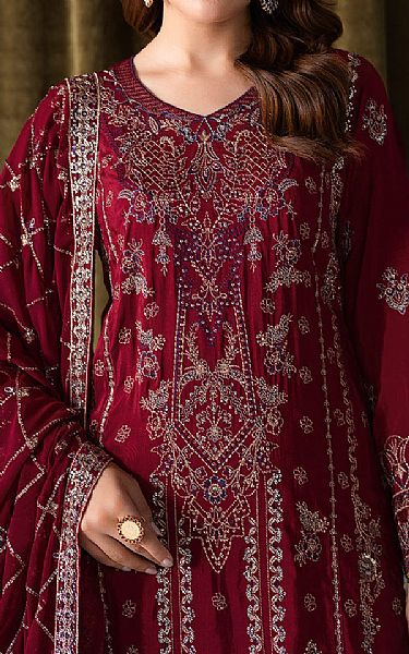 Ramsha Wine Red Raw Silk Suit | Pakistani Embroidered Chiffon Dresses USA- Image 3