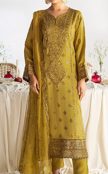 Ramsha Satin Sheen Gold Raw Silk Suit | Pakistani Embroidered Chiffon Dresses USA- Image 1