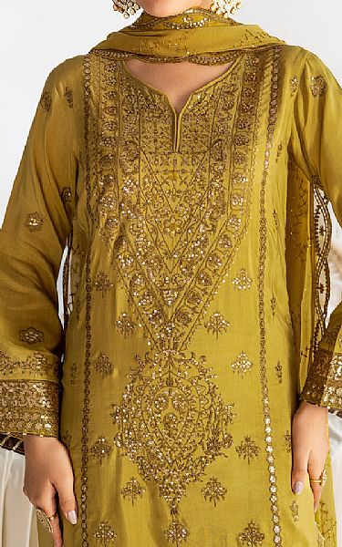 Ramsha Satin Sheen Gold Raw Silk Suit | Pakistani Embroidered Chiffon Dresses USA- Image 3