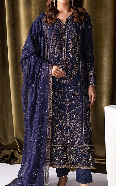 Ramsha Navy Blue Raw Silk Suit | Pakistani Embroidered Chiffon Dresses USA- Image 1