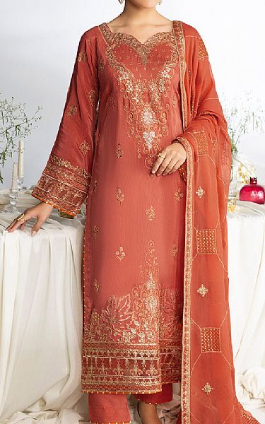 Ramsha Coral Raw Silk Suit | Pakistani Embroidered Chiffon Dresses USA- Image 1