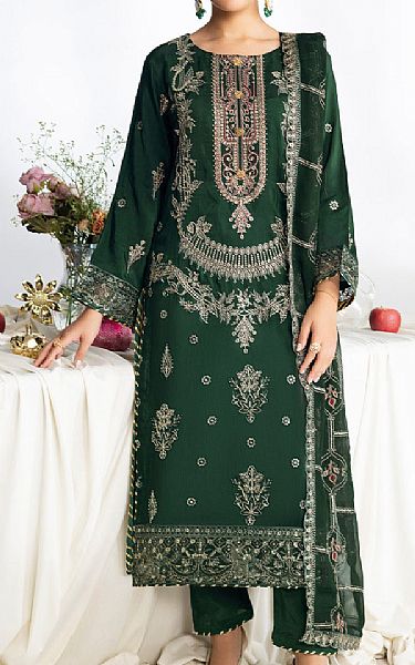 Ramsha Bottle Green Raw Silk Suit | Pakistani Embroidered Chiffon Dresses USA- Image 1