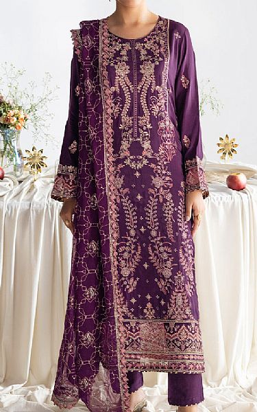 Ramsha Egg Plant Raw Silk Suit | Pakistani Embroidered Chiffon Dresses USA- Image 1