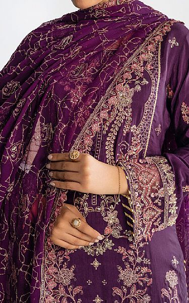 Ramsha Egg Plant Raw Silk Suit | Pakistani Embroidered Chiffon Dresses USA- Image 3