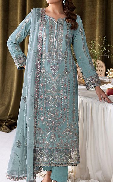 Ramsha Sky Blue Raw Silk Suit | Pakistani Embroidered Chiffon Dresses USA- Image 1