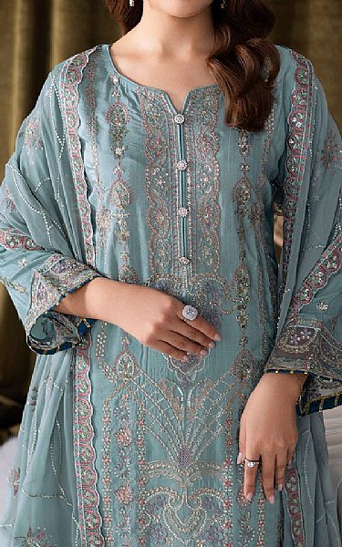 Ramsha Sky Blue Raw Silk Suit | Pakistani Embroidered Chiffon Dresses USA- Image 3