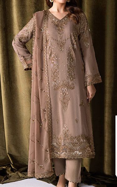 Ramsha Pale Taupe Raw Silk Suit | Pakistani Embroidered Chiffon Dresses USA- Image 1