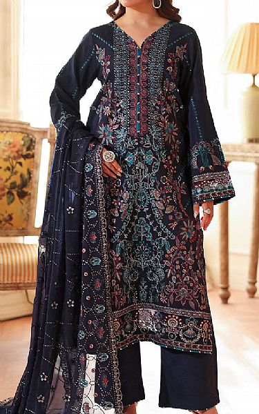 Ramsha Navy Raw Silk Suit | Pakistani Embroidered Chiffon Dresses USA- Image 1
