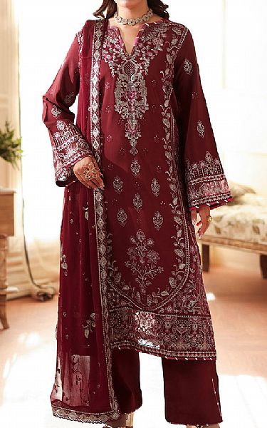 Ramsha Vivid Burgundy Raw Silk Suit | Pakistani Embroidered Chiffon Dresses USA- Image 1