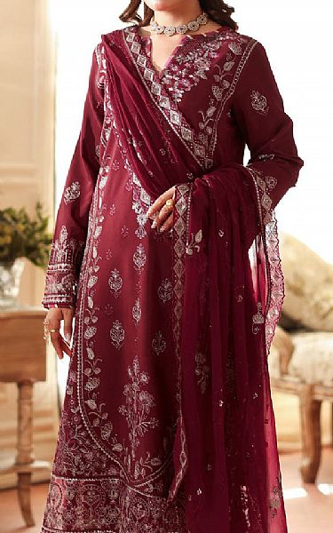 Ramsha Vivid Burgundy Raw Silk Suit | Pakistani Embroidered Chiffon Dresses USA- Image 3