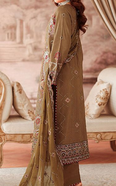 Ramsha Dark Beige Raw Silk Suit | Pakistani Embroidered Chiffon Dresses USA- Image 2
