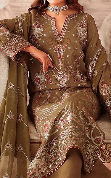 Ramsha Dark Beige Raw Silk Suit | Pakistani Embroidered Chiffon Dresses USA- Image 3