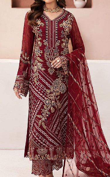 Ramsha Wine Red Chiffon Suit | Pakistani Embroidered Chiffon Dresses USA- Image 1