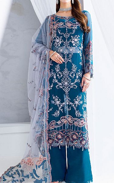 Ramsha Teal Blue Chiffon Suit | Pakistani Embroidered Chiffon Dresses USA- Image 1