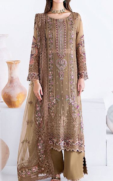 Ramsha Tan Chiffon Suit | Pakistani Embroidered Chiffon Dresses USA- Image 1