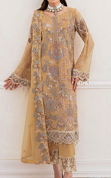 Ramsha Fawn Chiffon Suit | Pakistani Embroidered Chiffon Dresses- Image 1