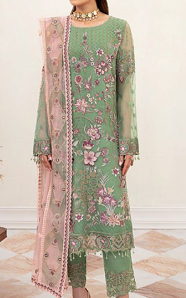 Ramsha Mint Green Chiffon Suit | Pakistani Embroidered Chiffon Dresses- Image 1