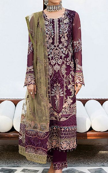 Ramsha Egg Plant Chiffon Suit | Pakistani Embroidered Chiffon Dresses USA- Image 1