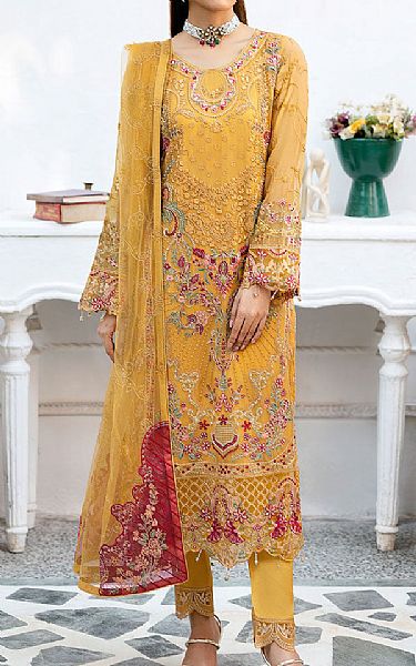 Ramsha Mustard Chiffon Suit | Pakistani Embroidered Chiffon Dresses USA- Image 1