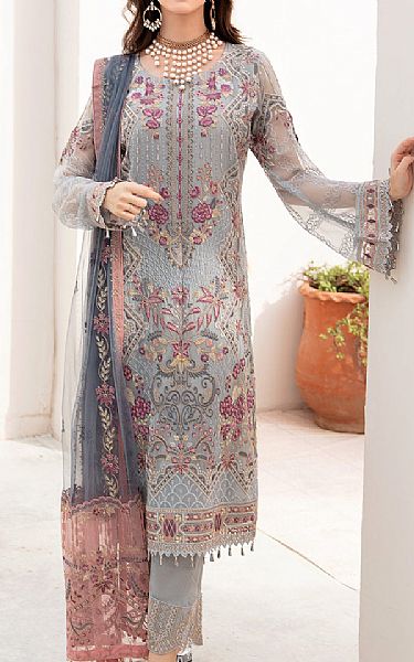 Ramsha Slate Grey Chiffon Suit | Pakistani Embroidered Chiffon Dresses- Image 1