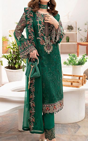 Ramsha Green Chiffon Suit | Pakistani Embroidered Chiffon Dresses- Image 1