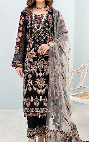 Ramsha Black Chiffon Suit | Pakistani Embroidered Chiffon Dresses- Image 1