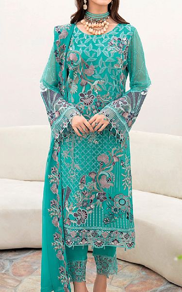 Ramsha Dark Turquoise Chiffon Suit | Pakistani Embroidered Chiffon Dresses- Image 1