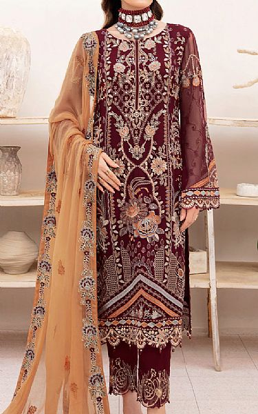 Ramsha Redwood Chiffon Suit | Pakistani Embroidered Chiffon Dresses- Image 1