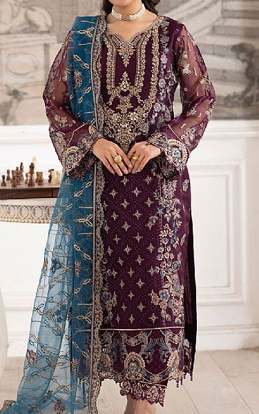 Ramsha Plum Organza Suit | Pakistani Embroidered Chiffon Dresses USA- Image 1