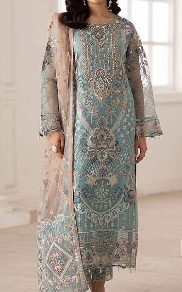 Ramsha Light Turuqoise Organza Suit | Pakistani Embroidered Chiffon Dresses USA- Image 1