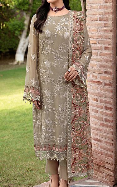 Ramsha Pale Oyster Chiffon Suit | Pakistani Embroidered Chiffon Dresses- Image 1
