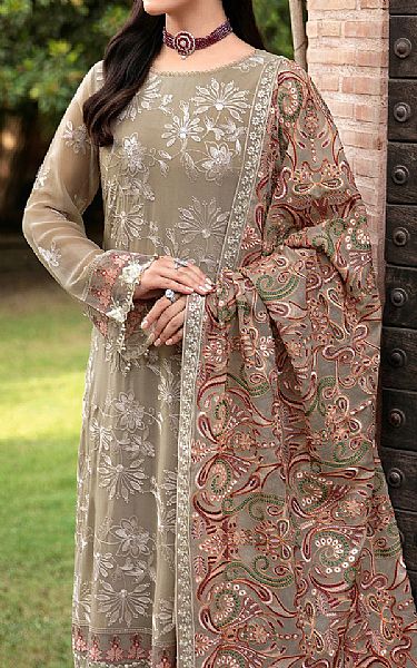 Ramsha Pale Oyster Chiffon Suit | Pakistani Embroidered Chiffon Dresses- Image 3