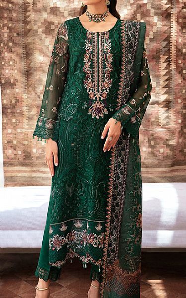 Ramsha Bottle Green Chiffon Suit | Pakistani Embroidered Chiffon Dresses USA- Image 1