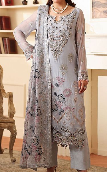 Ramsha Light Grey Chiffon Suit | Pakistani Embroidered Chiffon Dresses USA- Image 1